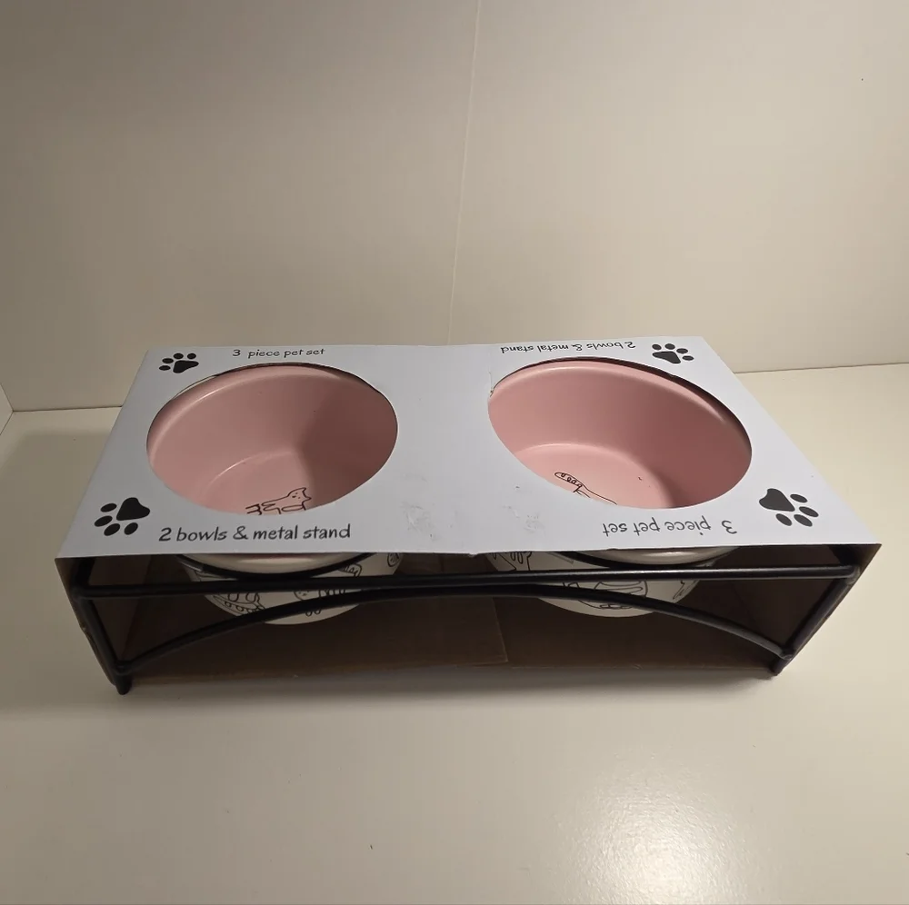 Ceramic Pet Bowl 3-Piece Set for Cats & Metal Stand New